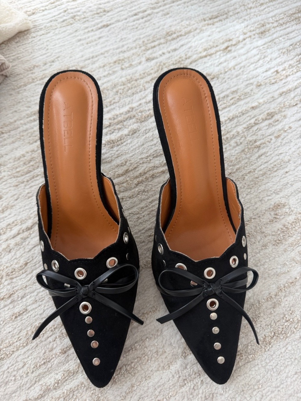 Black Pointed-Toe Slip-On Mules with Eyelet Detail